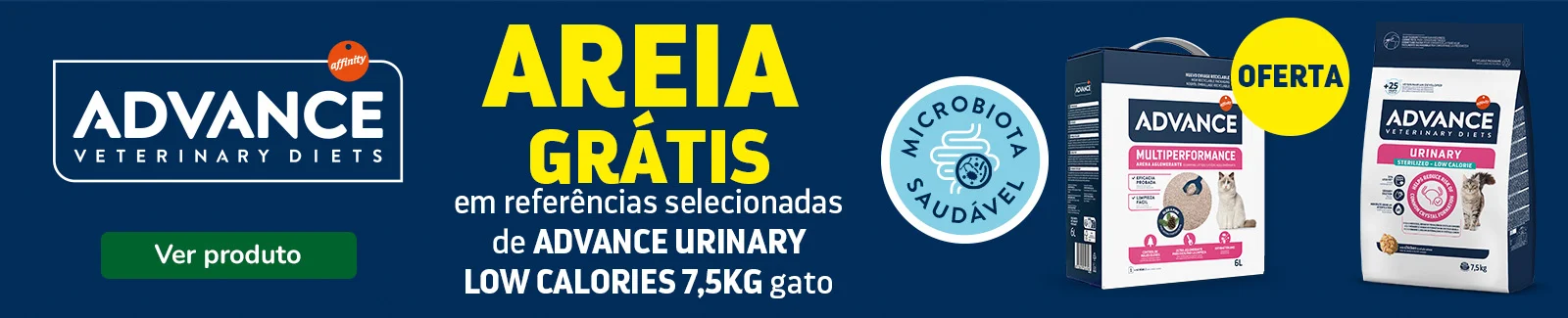20% de desconto em packs de comida húmida veterinária da Advance + areia grátis na compra de ração Urinary para gato.