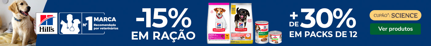 Até 15% em ração para cachorros Hill’s e mais de 30% em packs de húmido.