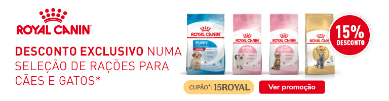 Royal Canin com -15% em raças, puppy e kitten.