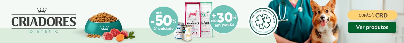 Criadores: 50% de desconto na 2ª unidade de ração veterinária e +30% de desconto em húmidos.
