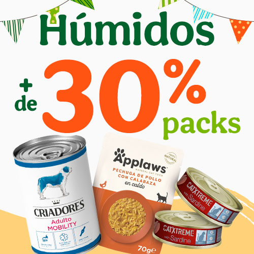 Mais de 30% de desconto em packs de comida húmida para cães e gatos.