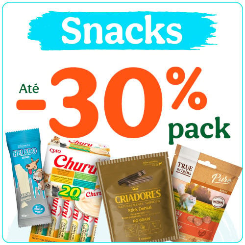 Até 30% de desconto em packs de snacks para cão.