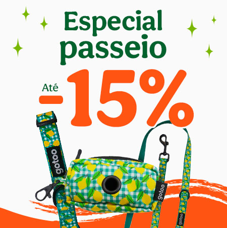 Até 15% de desconto em acessórios de passeio para o seu patudo.