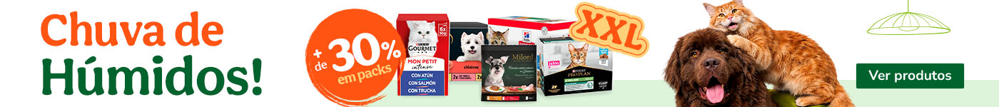 Mais de 30% de desconto em packs de alimento húmido para cão e gato.