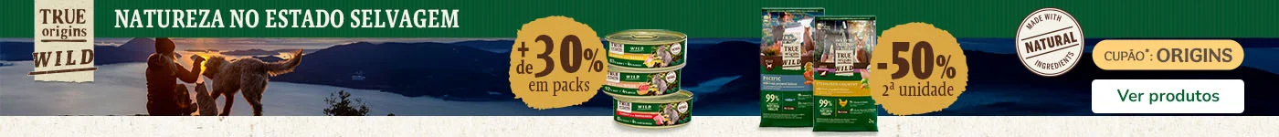 True Origins: Até 50% de desconto na 2ª unidade de ração e + de 30% de desconto em packs de alimento húmido para gato.