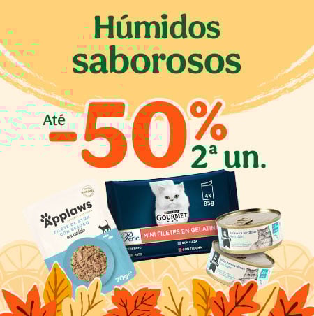 Até 50% de desconto na 2ª unidade de húmidos deliciosos para o seu gato.
