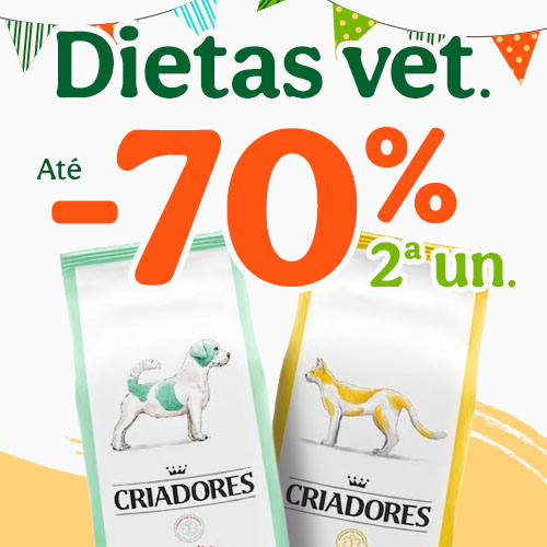 70% de desconto na 2.ª unidade em rações veterinárias para animais de companhia.