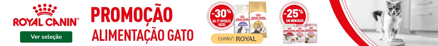Até 30% de desconto na 2.ª unidade de ração e 25% de desconto em packs de 48 unidades de comida húmida para gato da Royal Canin.