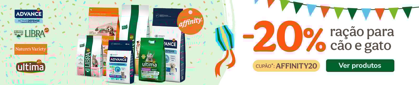 20% de desconto em ração para cão e gato das marcas: Advance, Libra, Ultima, Nature's Variety e Trainer com o cupão: AFFINITY20.