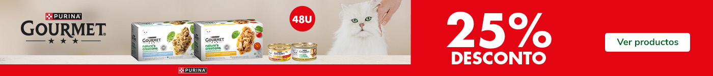 25% de desconto em pack de 48 unidades de comida húmida Gourmet para gatos.