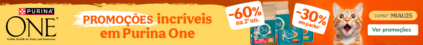 60% de desconto na 2ª unidade de ração para gato + 30% em packs de húmidos da Purina One.