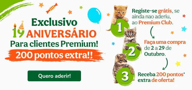 Aniversário Tiendanimal: torne-se cliente premium e receba 200 pontos extra na sua compra.
