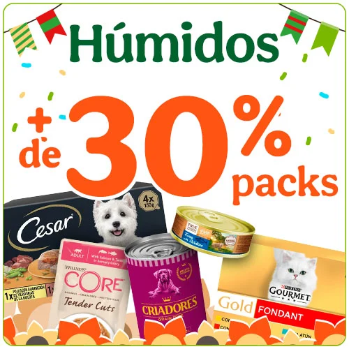 +30% de desconto em packs de comida húmida para o seu animal de estimação.