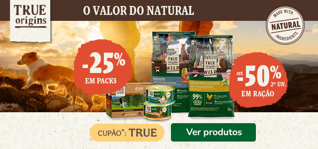 True Origins: Até 50% de desconto na 2.ª unidade de ração e 25% de desconto em packs de alimento húmido para gatos.