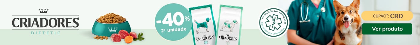 40% de desconto na 2ª unidade numa seleção de ração dietética para cão da Criadores. Suporte nutricional específico.
