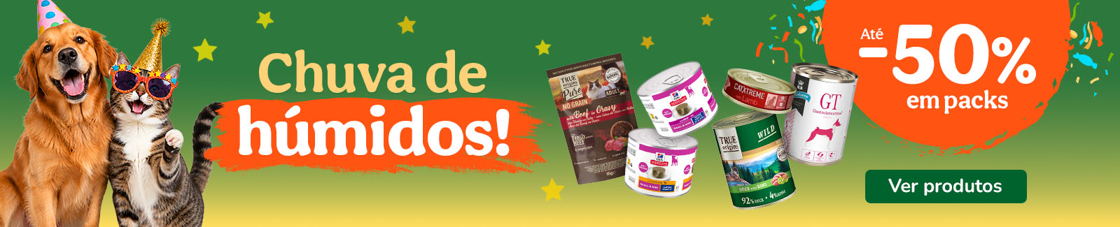 At&eacute; 50% de desconto em packs de alimento h&uacute;mido para o seu animal.