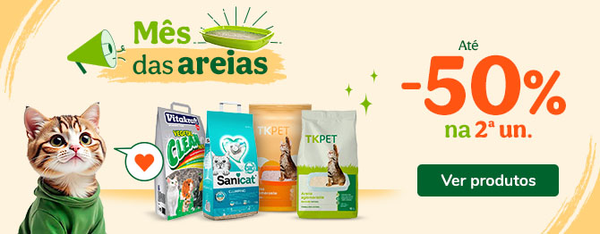 Até 50% de desconto na 2ª unidade de numa seleção de Top areias para gato na Tiendanimal. Aproveite esta oferta exclusiva para o conforto do seu felino.