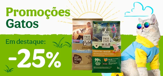 True Origins: 25% de desconto em ração e +30% de desconto em embalagens de comida húmida para gatos.