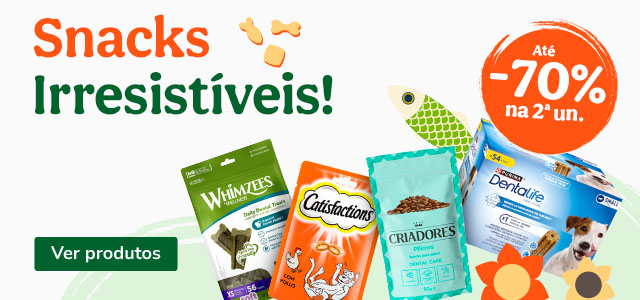 Até 70% de desconto na 2.ª unidade de snacks para o seu animal de estimação.