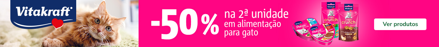 Até 50% de desconto na 2.ª unidade em comida húmida e snacks Vitakraft para animais de estimação.