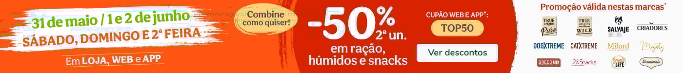 Promoção de fim de semana: até 50% de desconto na 2ª unidade em produtos selecionados para cão e gato.