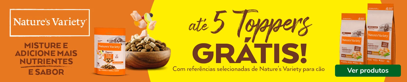 Até 5 toppers grátis na compra de ração para cão da Nature’s Variety.