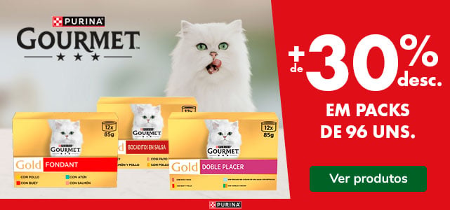Mais de 30% de desconto em packs de alimentação húmida da Gourmet para gato.
