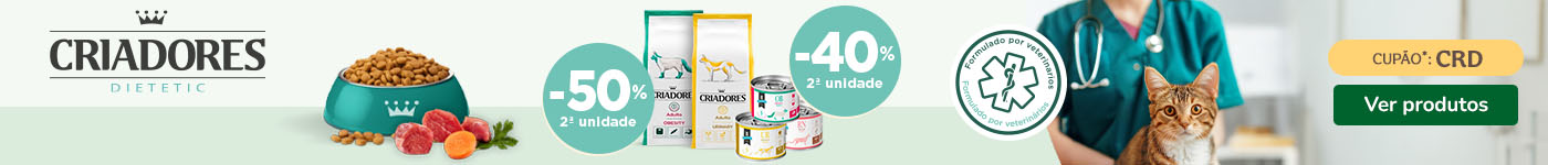 Criadores: 50% de desconto na 2ª unidade de ração veterinária e 40% de desconto na 2ª unidade em húmidos para gato.