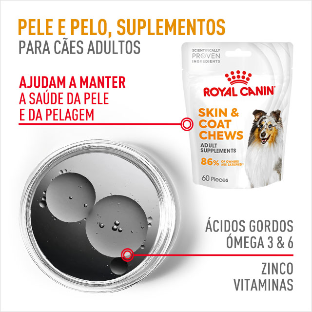 Pele e Pelo. Suplementos para cão adulto. Ajuda a manter a saúde da pele e pelo