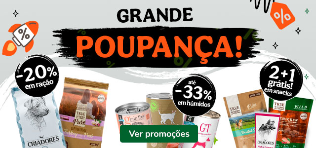 15% de desconto em ração, 33% de desconto em alimento húmido e 2+1 grátis em snacks.