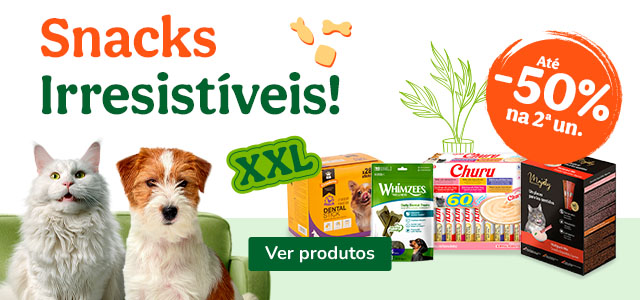 Até 50% de desconto na 2ª unidade de snacks para o seu patudo.