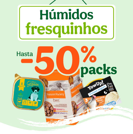 Até 50% de desconto na 2.ª unidade de packs húmidos para cães