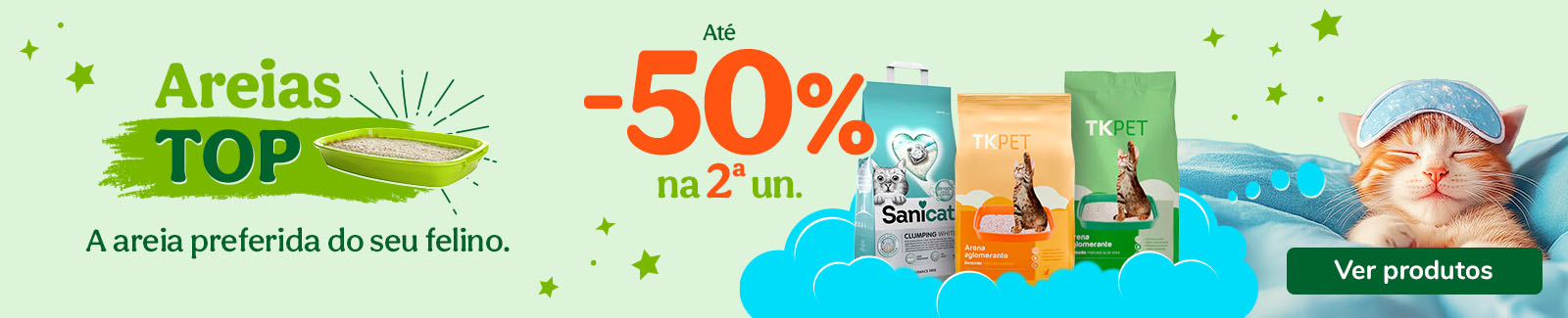 Até 50% de desconto na 2ª unidade de areia para gato na Tiendanimal. Aproveite esta oferta para garantir conforto e higiene para o seu felino a preços reduzidos!