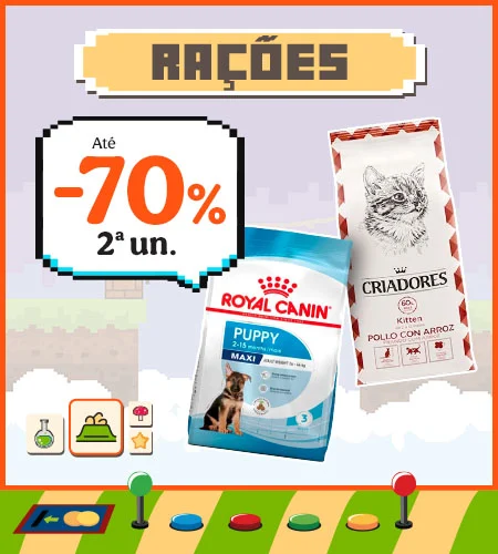 Até 70% de desconto na segunda unidade de ração para cães e gatos.