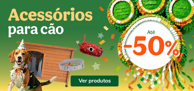 Até 50% de desconto em acessórios para cães.