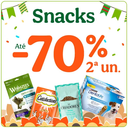 Até 70% de desconto na segunda unidade de snacks para o seu animal de estimação.