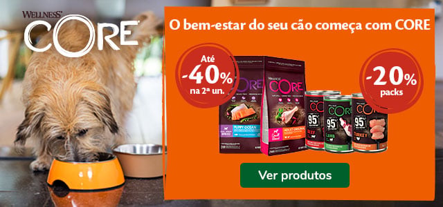 Até 40% de desconto na 2ª unidade numa seleção de ração e 20% de desconto em packs de alimento húmido para cão da Wellness Core.