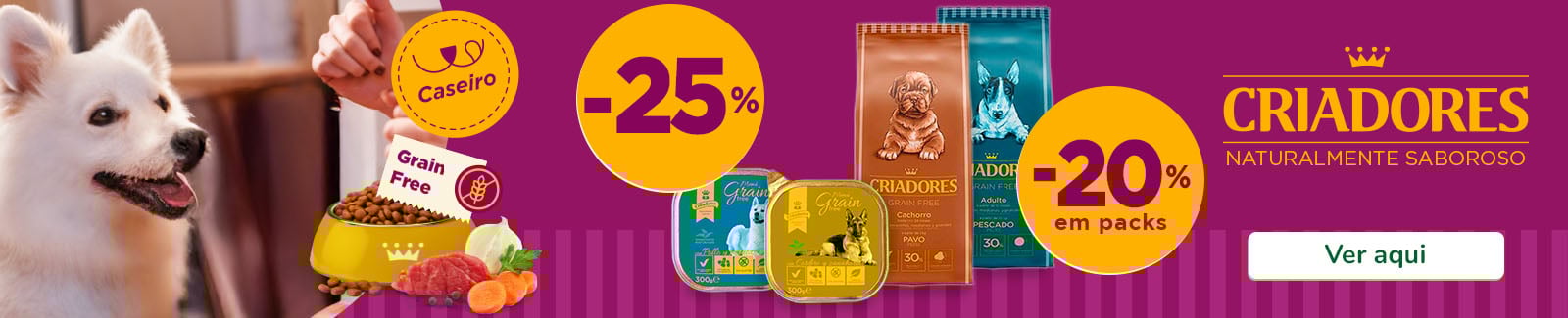 25% de desconto em ração e 20% em packs de 12 unidades de alimento húmido Criadores