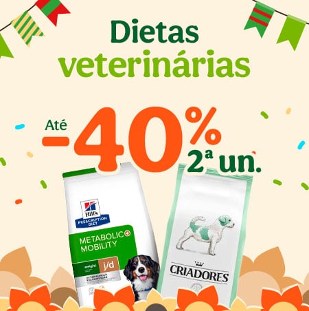 Até 40% de desconto na 2ª unidade em dietas veterinárias para cão. Cuidado alimentar específico para cada necessidade.