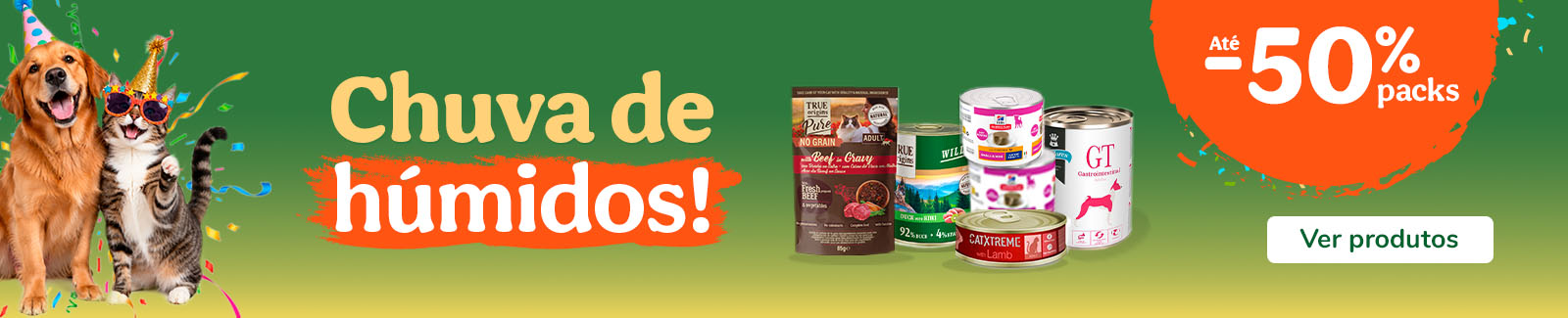 At&eacute; 50% de desconto em packs de alimento h&uacute;mido para o seu animal.