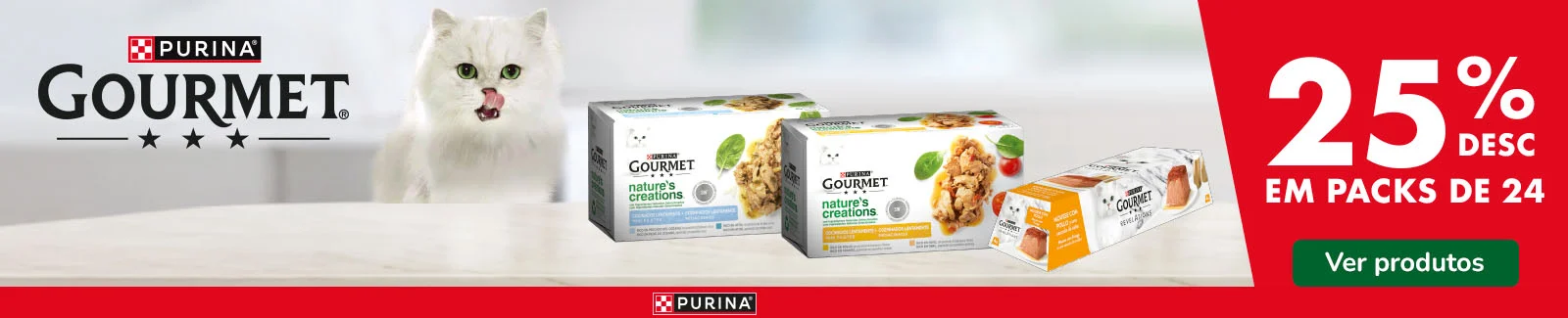 Gourmet: 25% de desconto em packs de 24 h&uacute;midos para gato.