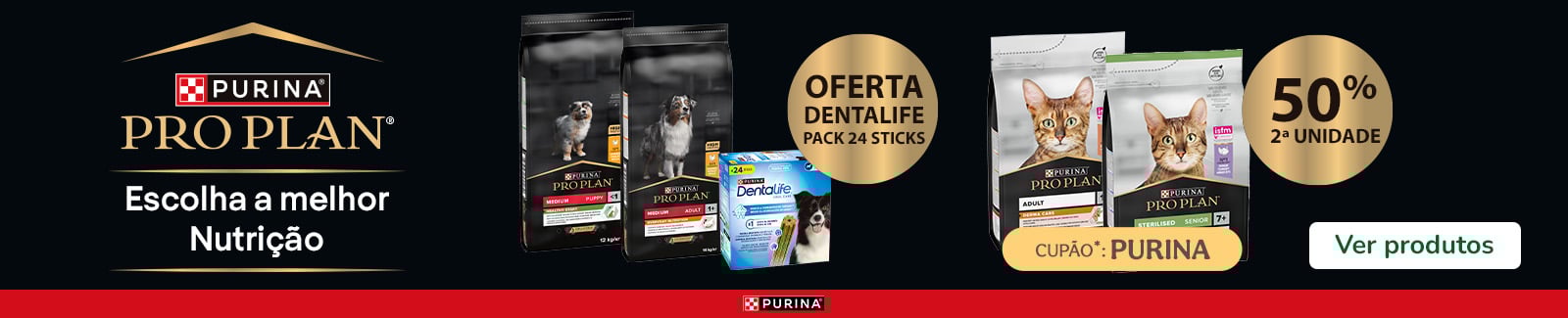 Pack de 24 snacks grátis na compra de ração para cão da Pro Plan + 50% de desconto na 2.ª unidade de ração para gato.