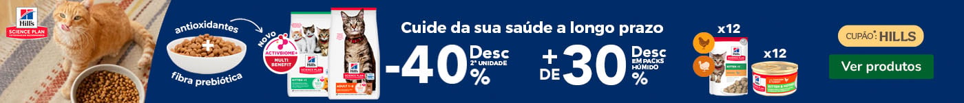 Hill's Science Plan: 40% de desconto na 2ª unidade de ração e + de 30% de desconto em packs de alimento húmido para gato.