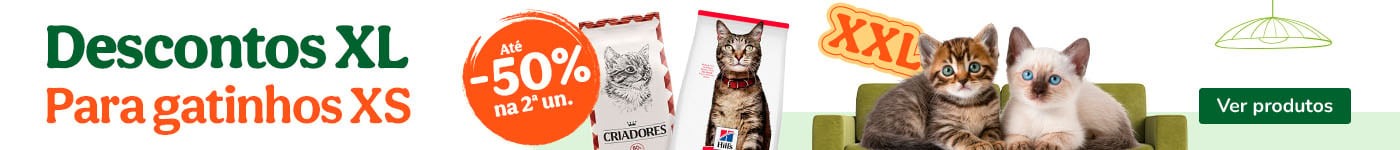 Até 50% de desconto na 2ª unidade numa seleção de ração para gatinho.