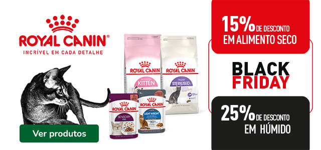 Royal Canin: 15% de desconto em ração e 25% de desconto em packs de alimento húmido para gato.