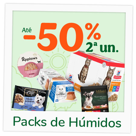 Até 50% de desconto na 2.ª unidade de comida húmida para cães e gatos selecionados.