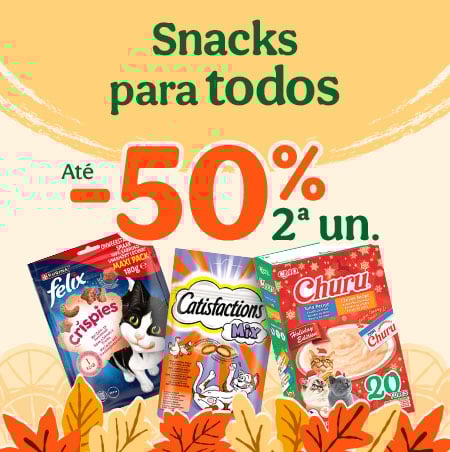 Até 50% de desconto na 2ª unidade de snacks para o seu gato.