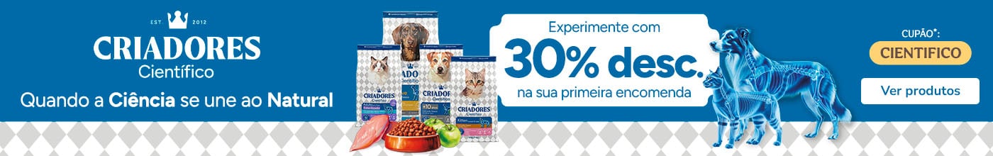 Criadores Científico: 30% de desconto na segunda unidade de ração para o seu animal de estimação na sua primeira encomenda.