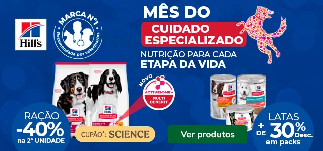 Hill's Science Plan: 40% de desconto na 2ª unidade de ração e +30% de desconto em packs de alimento húmido para cão.
