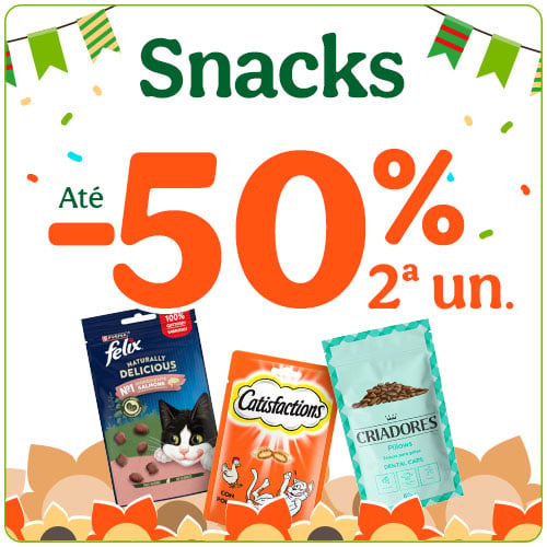 Até 50% de desconto na segunda unidade de snacks para gatos.